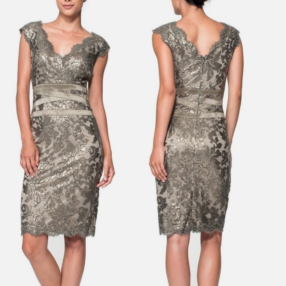 Tadashi Shoji Smoke Pearl Sequin Lace Cocktail Dress 6P
V Neck Sheath Evening - Picture 1 of 15